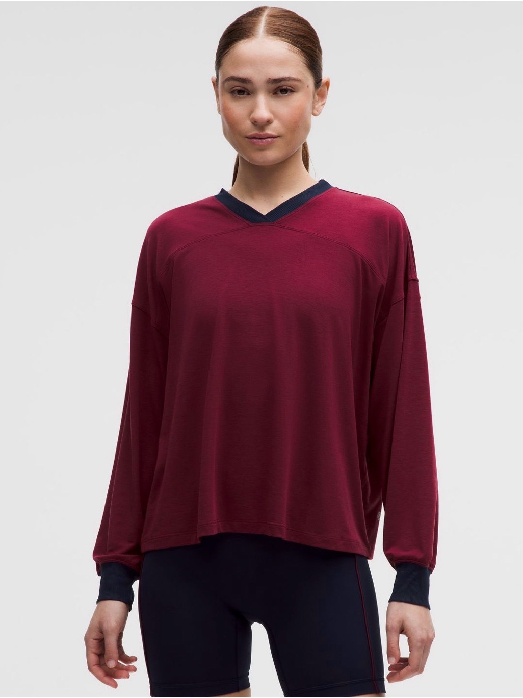Nwt Lululemon Jersey Training V-Neck Long Sleeve Shirt Burgundy Bay/True Navy